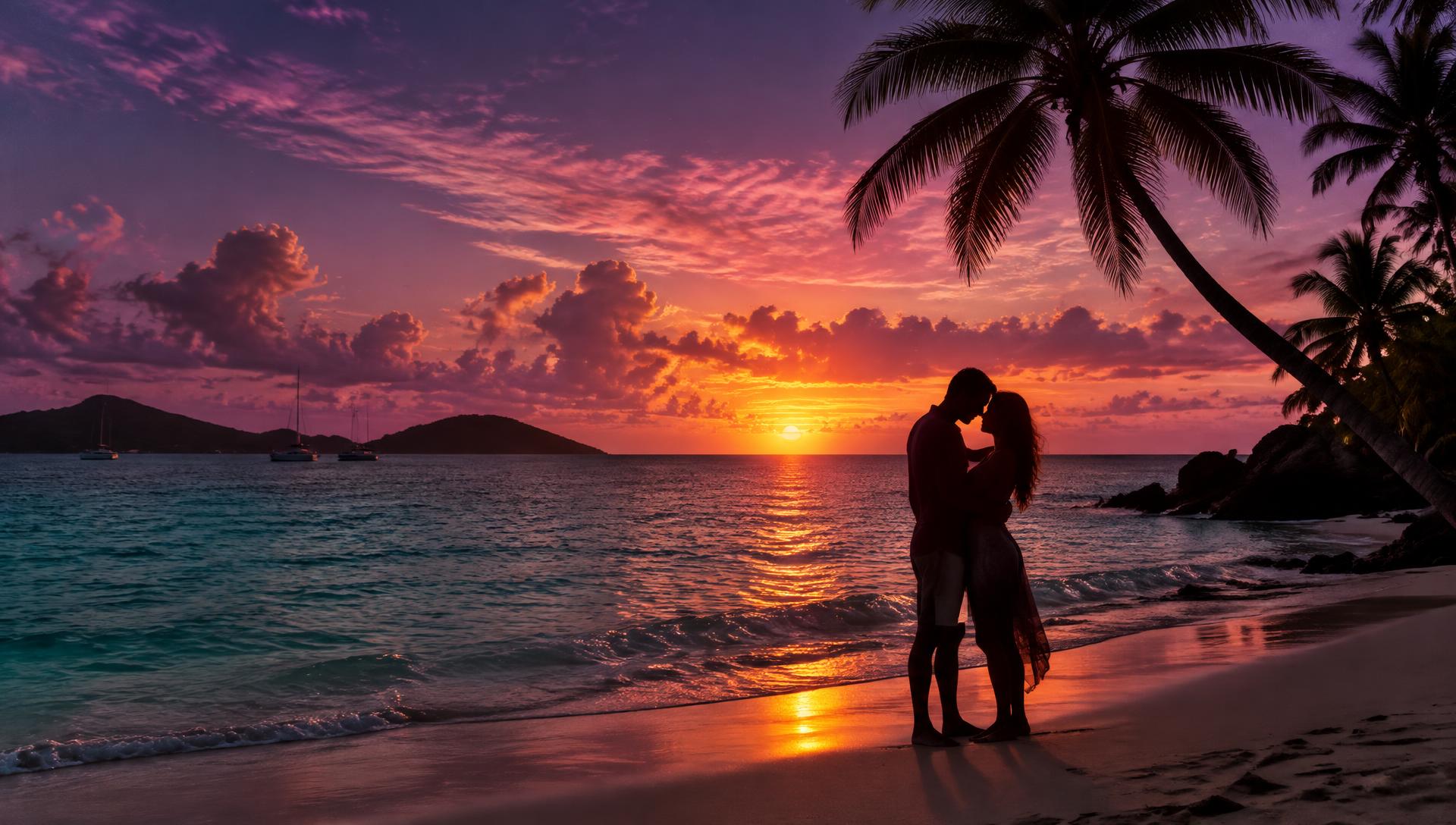 Couple embracing on a Caribbean beach at sunset